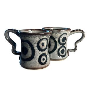 Handmade Pottery Mugs by Brandee Ross Signed Galaxy Black & Sand "Circles" pair